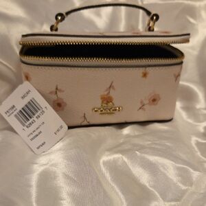 COACH Pink Floral Mini Top-Handle Cosmetic Case with Gold Hardware
